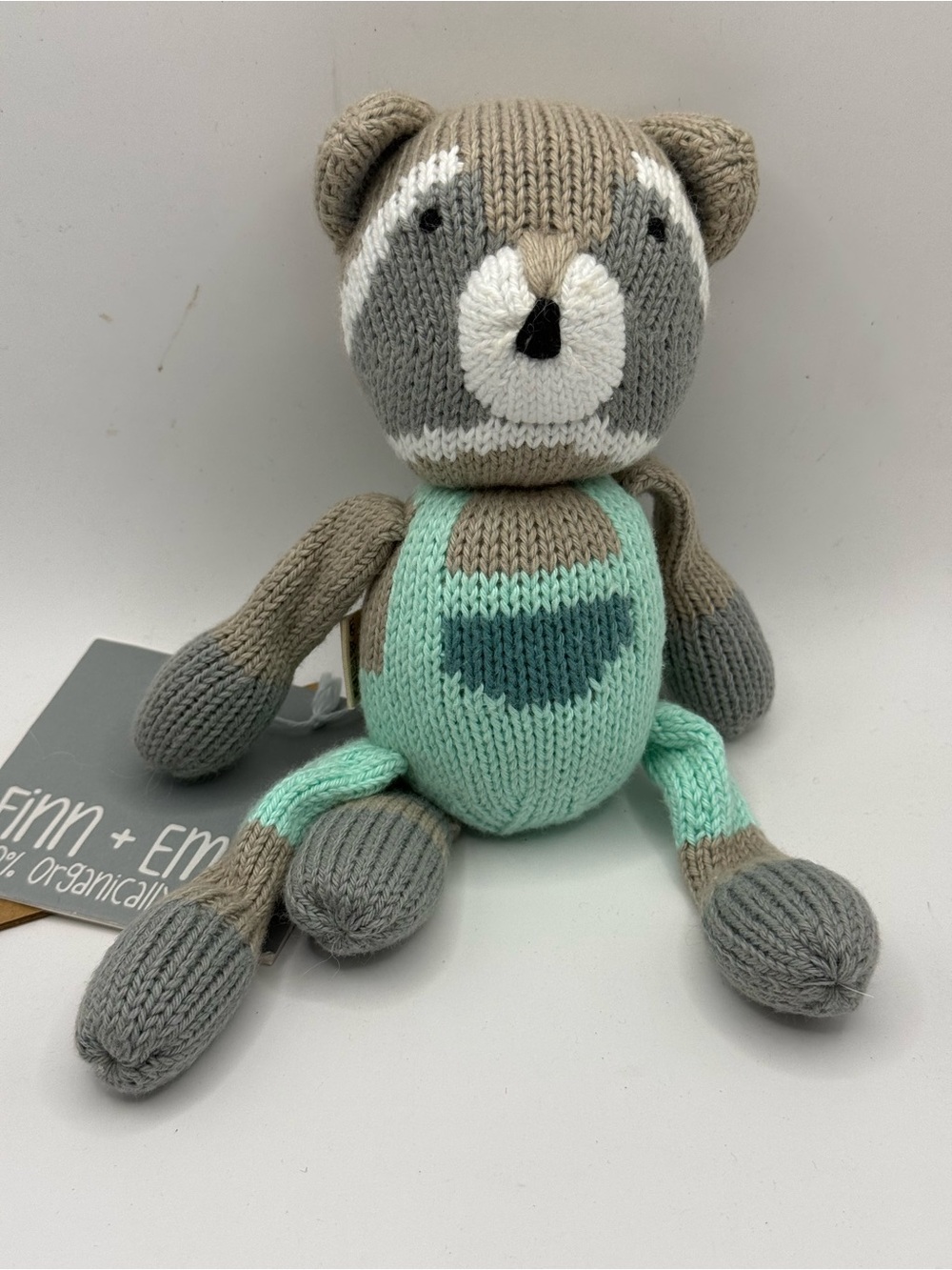 Mint and Gray Knit Raccoon Rattle  Plush